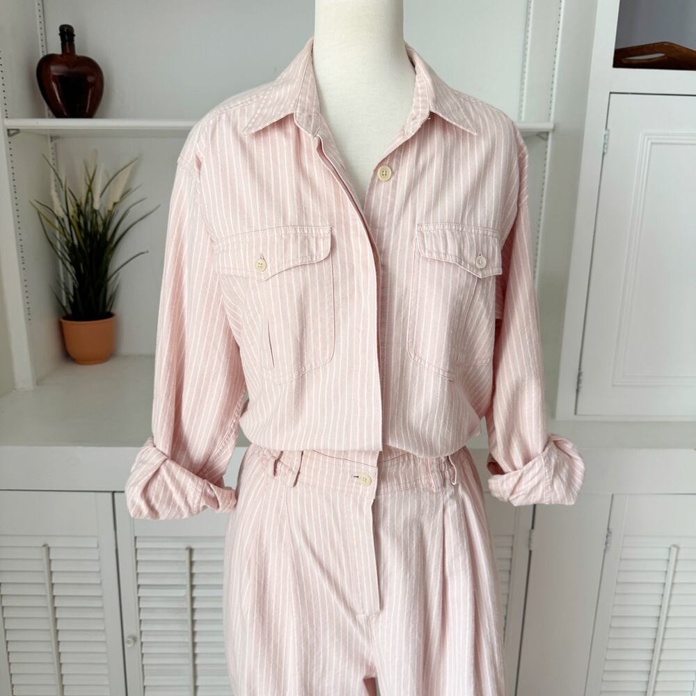 Vintage 80s Liz Sport 100% Cotton Light Pink Striped Coverall Jumpsuit Size M - Picture 2 of 6